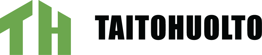 Vihreä TH-logo ja musta teksti "TAITOHUOLTO" mustalla taustalla.